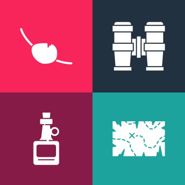 Pop sanat eseri korsan hazine haritası, alkol içeceği rom, dürbün ve göz bandı simgesini ayarla. Vektör.