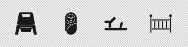 Bebek lazımlığı, yeni doğmuş bebek kundaklama, ayakkabılar ve beşik ikonu. Vektör.