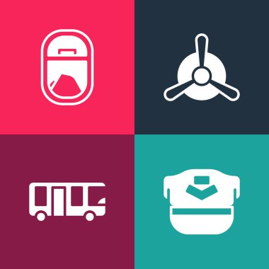 Pop sanat pilotu şapkası, havaalanı otobüsü, uçak pervanesi ve uçak pencere simgesini ayarla. Vektör.