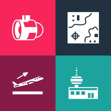 Pop sanat havalimanı kontrol kulesi, uçak kalkışı, dünya seyahati haritası ve jet motorlu türbin simgesini ayarlayın. Vektör.