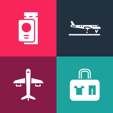 Pop Art Suitcase, Uçak ve Pasaport 'u bilet simgesiyle ayarla. Vektör.