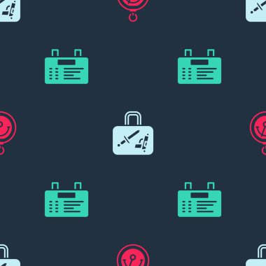 Barometre, bavul ve havalimanı tahtalarını pürüzsüz bir şablona ayarla. Vektör.