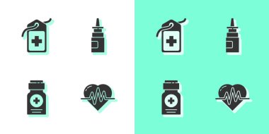 Kalp atış hızı, Cross Hastanesi tıbbi etiketi, ilaç şişesi ve şişe burun spreyi ikonu. Vektör.