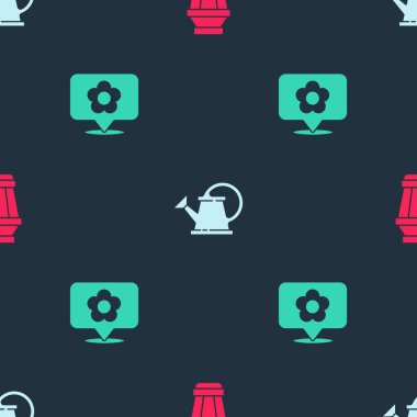 Bahçe lambasını, sulama tenekesini ve çiçekli yeri kusursuz desenli ayarla. Vektör.