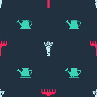 Bahçe tırmığı, havuç ve sulama kutusunu kusursuz desenlere ayarlayın. Vektör.