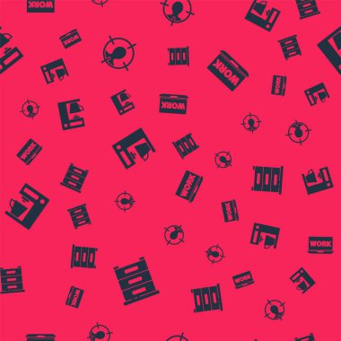 Belgeli çekmece, kelle avcılığı konsepti, kahve makinesi ve dizüstü bilgisayar metinleri kusursuz desenli. Vektör.