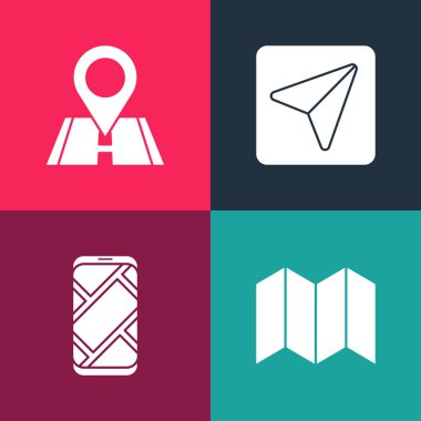 Pop sanat katlanmış haritasını, şehir navigasyonunu, şehir ve konum simgesini ayarlayın. Vektör.