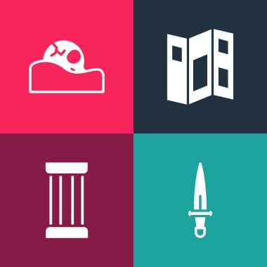 Pop sanat hançeri, Kadim sütunu, müze rehberi broşürü ve insan kafatası ikonu. Vektör.