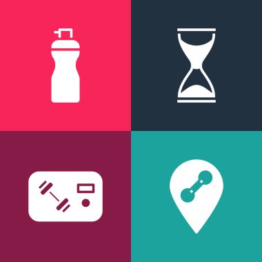 Pop sanatları salonu, spor salonu, spor salonu, kart, eski kum saati ve sallama ikonu. Vektör.