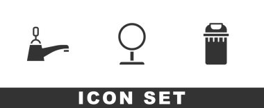 Su musluğu, yuvarlak makyaj aynası ve çöp kutusu simgesi. Vektör.