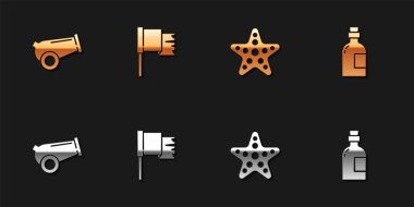 Top, Korsan bayrağı, Denizyıldızı ve Alkol ikonu. Vektör.