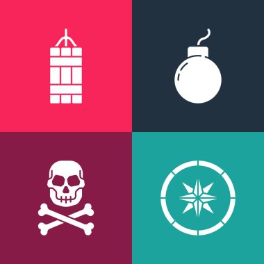 Patlamaya hazır bomba ve bomba ikonu, Pusula, Kurukafa 'yı çapraz kemiklere yerleştir. Vektör.