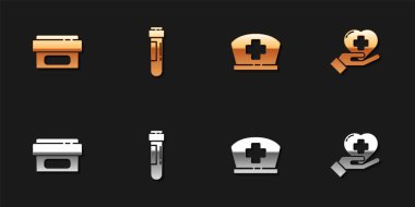 Merhem kremi, kanla test, hemşire şapkası haçı ve kalp ikonu hazırlayın. Vektör.