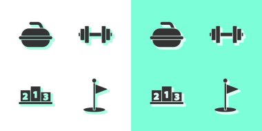 Golf bayrağı, körling sporu için Stone, spor şampiyonu podyumu ve Dumbbell ikonu ödülü. Vektör.
