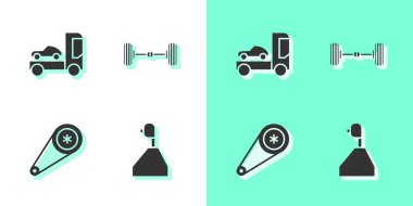 Vites değiştirici, araç nakil kamyonu, zaman ayarlı kemer kiti ve Chassis araba ikonu ayarlayın. Vektör.