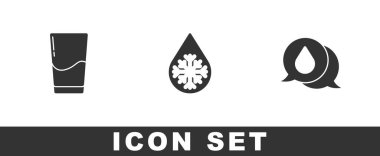 Bardağı suyla, buzu çözdürme ve su damlası konuşma baloncukları ikonuyla hazırla. Vektör.