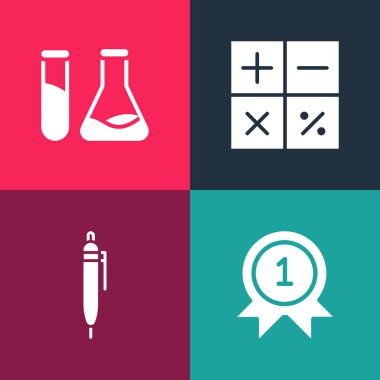 Pop Sanat Madalyası, Kalem, Hesap Makinesi, Test tüpü ve şişe simgesini ayarla. Vektör.