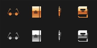 Gözlük, Spiral defter, Kalem ve Kitap simgesi. Vektör.