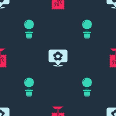 Ağaç, çiçekli konum ve saksıdaki çiçek kusursuz desenli. Vektör.