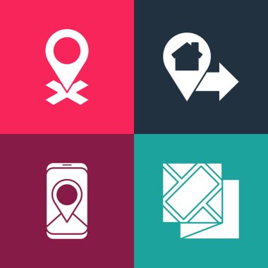 Pop sanat katlı haritayı, şehir navigasyonunu, ev ve simgeli konumu ayarla. Vektör.