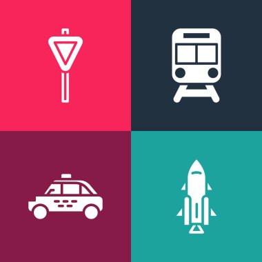 Pop sanat roket gemisini ateşle, taksi arabasını, tren ve tren yolunu ve trafik levhası ikonunu hazırla. Vektör.