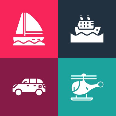 Pop sanat helikopterini, Hatchback arabasını, yolcu gemisini ve yat teknesi ikonunu ayarla. Vektör.
