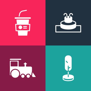 Pop Sanat Ağacı 'nı, oyuncak trenini, çeşme ve kağıt bardakları su ikonuyla ayarla. Vektör.