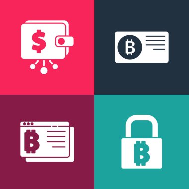 Pop sanat kilidini bitcoin, Bitcoin tarayıcı, kredi kartı ve Kripto para birimi cüzdan ikonu ile ayarla. Vektör.