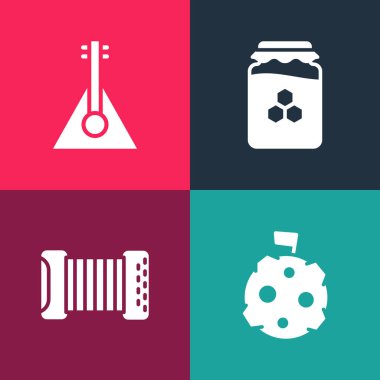 Pop sanat ayını bayrak, akordiyon, bal kavanozu ve balalayka ikonu ile ayarla. Vektör.