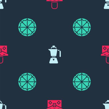 Çanta, kahve makinası ve pizzayı kusursuz bir şekilde ayarlayın. Vektör.