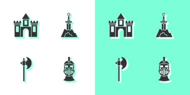 Ortaçağ demir miğferini, kaleyi, baltayı ve kılıcı taş ikona yerleştir. Vektör.