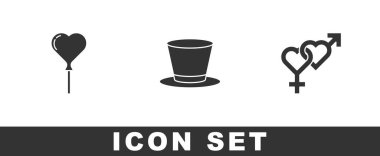 Balonları kalp, silindir şapka ve cinsiyet simgesi şeklinde ayarlayın. Vektör.