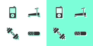 Vitamin hapı, müzik çalar, Dumbbell ve Koşu bandı ikonu. Vektör.