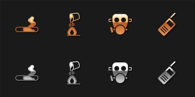 Sigarayı, kovayı, gaz maskesini ve telsiz ikonunu hazırlayın. Vektör.