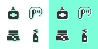 Temizlik spreyi şişesi, parfüm, havlu yığını ve duş ikonu. Vektör.