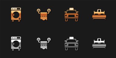 Çamaşır makinesi, tuvalet kağıdı rulosu, taksi arabası ve yatak odası ikonu. Vektör.