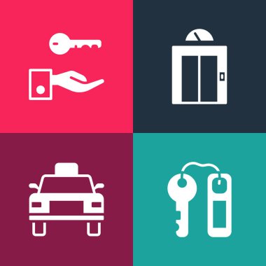 Pop Art Otel 'in kapı kilidini, taksi arabasını, asansörü ve ikonu ayarla. Vektör.