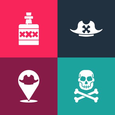 Pop Sanat Kafatası 'nı çapraz kemiklere, korsan mekanına, korsan şapkasına ve alkollü içki ikonuna ayarlayın. Vektör.
