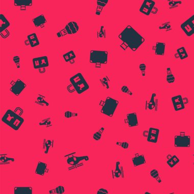 Helikopter ayarlayın, sıcak hava balonu, bavul ve kusursuz desen. Vektör.