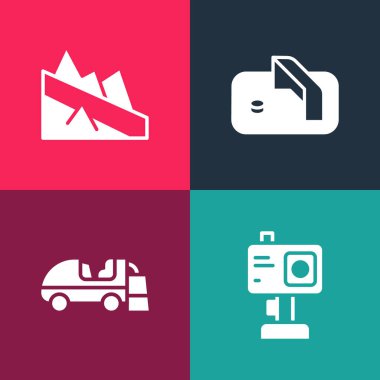 Pop sanat aksiyon kamerası, buz yüzeyi, hokey golü ve dağ iniş ikonunu ayarla. Vektör.