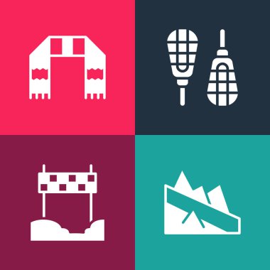 Pop Art Mountain inişini, Ribbon bitiş çizgisini, Snowshoes ve Winter Eşarp ikonunu ayarla. Vektör.