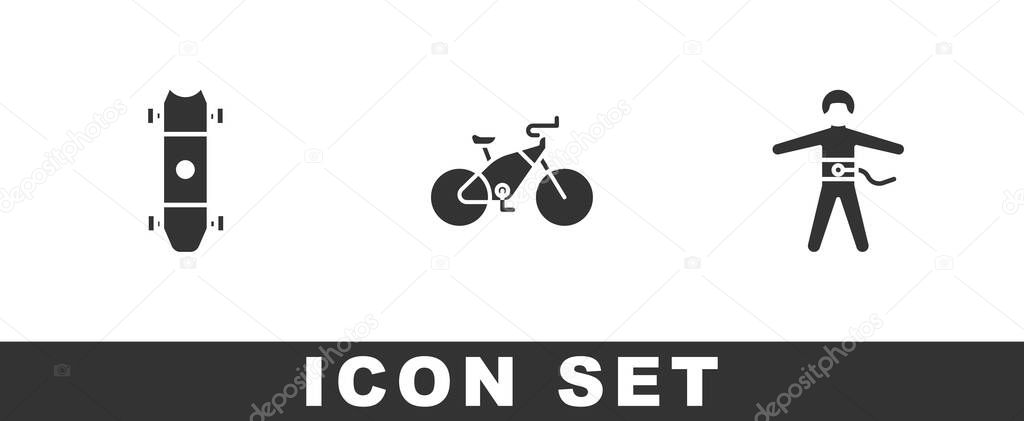 Set Longboard or skateboard, Bicycle and Bungee jumping icon. Vector.