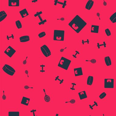 Tenis raketini, Dumbbell 'ı, Hokey diskini ve banyo terazisini pürüzsüz desen üzerine ayarla. Vektör.