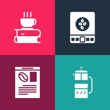 Pop sanatını, gazete ve kahveyi, elektronik teraziyi ve kahve kupası ikonunu ayarla. Vektör.