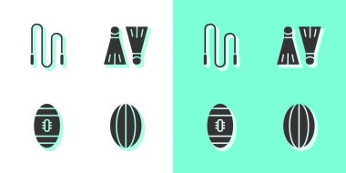 Rugby topu, zıplama ipi, Amerikan futbolu ve yüzme ikonu için lastik yüzgeçler. Vektör.