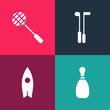 Pop sanatları bowling rozeti, sörf tahtası, golf sopası ve tenis raket ikonu. Vektör.