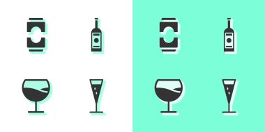 Bir kadeh şampanya, bira kutusu, şarap bardağı ve şişe votka ikonu. Vektör.