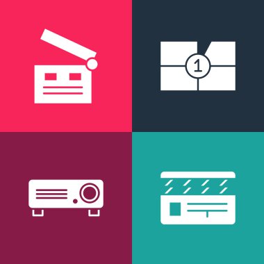 Pop Art Movie 'yi, Film' i, Film 'i, Medya Projektörü' nü, Eski Film gerisayım çerçevesini ve simgesini ayarlayın. Vektör.