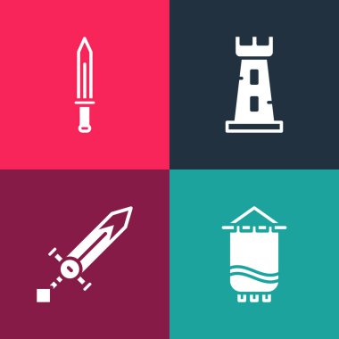 Popüler sanat eserleri, Ortaçağ bayrağı, kılıç, kale kulesi ve ikonu. Vektör.