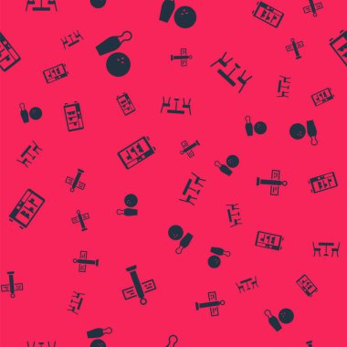 Trafik levhası, bovling pimi ve top, otomatik otomat ve dikişsiz sandalyeli piknik masası ayarla. Vektör.